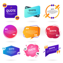 Collection of abstract colorful quote text boxes with quotes symbols. Geometric banner template in different styles. Speech bubble set. Remark frame for your design. Modern badges for promotion.