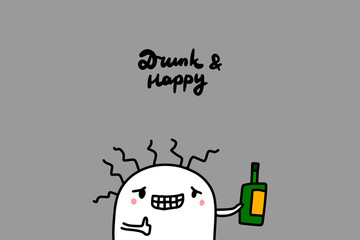 Drunk and happy hand drawn vector illustration in cartoon style. Cute man holding bottle