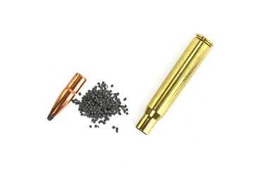 A rifle bullet, empty shell on white background. Hunting ammunition isolated on white.