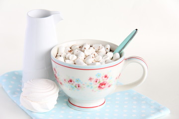 A Cup of cocoa and marshmallows on a white background.