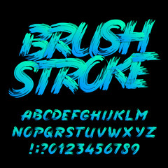 Brush stroke alphabet font. Uppercase handwritten messy letters and numbers. Stock vector typeface for your design. - obrazy, fototapety, plakaty