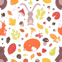 Seasonal seamless pattern with adorable wild forest animals, autumn leaves, acorns and mushrooms on white background © Good Studio