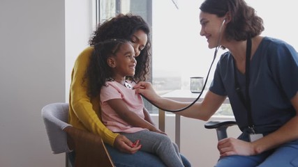 Female Pediatrician Wearing Scrubs Listening To Girls Chest With Stethoscope In Hospital Office - Powered by Adobe