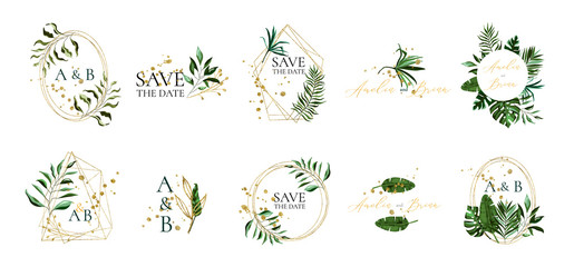 Set of floral wedding logos and monogram with elegant tropical leaves