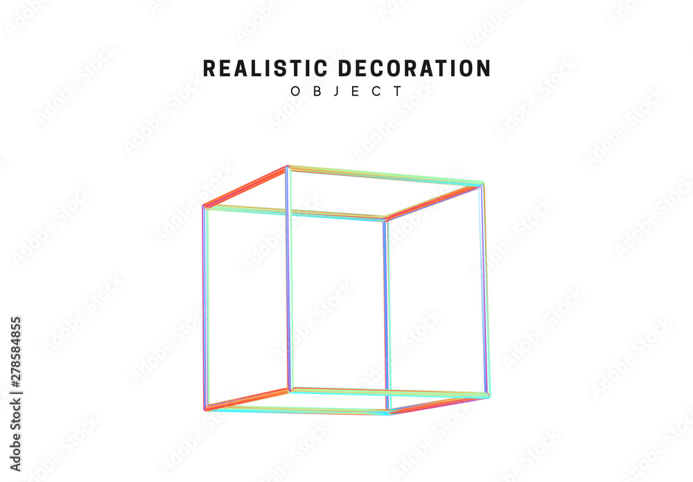 Poster shaped linear square, cube realistic shape 3d objects with gradient holographic color of hologram. g