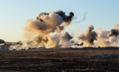 Explosions of bombs and shells. Reconstruction of the battle of world war II. Battle for...
