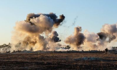 Explosions of bombs and shells. Reconstruction of the battle of world war II. Battle for...