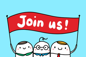 Join us hand drawn vector illustration in cartoon style holding sign