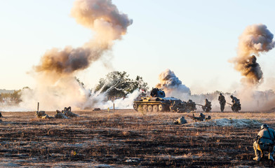 Explosions of bombs and shells. Reconstruction of the battle of world war II. Battle for...