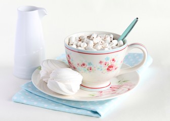 A Cup of cocoa and marshmallows on a white background.