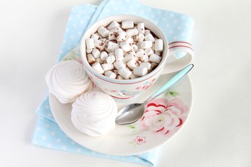 A Cup of cocoa and marshmallows on a white background.