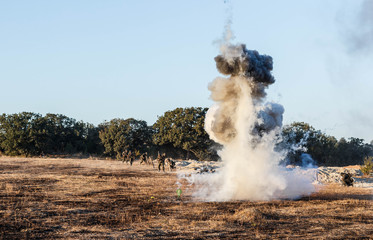 Explosions of bombs and shells. Reconstruction of the battle of world war II. Battle for...