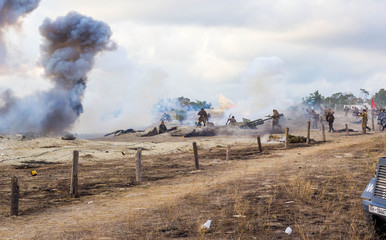 Explosions of bombs and shells. Reconstruction of the battle of world war II. Battle for...