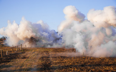 Explosions of bombs and shells. Reconstruction of the battle of world war II. Battle for...