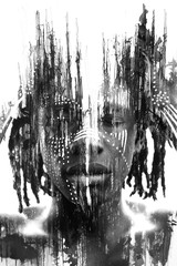 Paintografie. Expressieve Afrikaanse man gecombineerd met dramatische dubbele belichtingstechnieken en met de hand getekende schilderijen