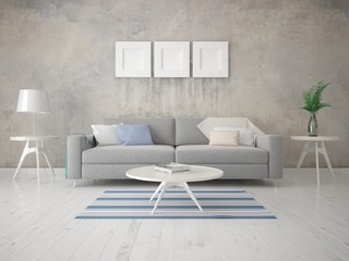Mock up modern living room with a comfortable, comfortable sofa and stylish hipster backdrop.