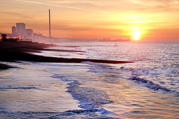 brighton seafront at sunset, Sussex, England.