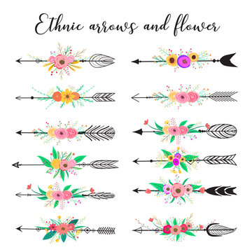 Ethnic arrows and flower. Feathers and flowers boho style. Vector illustration.