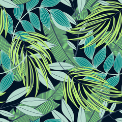 Abstract seamless pattern with colorful tropical leaves and plants on blue background. Vector design. Jungle print. Flowers background. Printing and textiles. Exotic tropics. Fresh design.