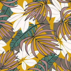 Fototapeta na wymiar Trending abstract seamless pattern with colorful tropical leaves and plants on yellow background. Vector design. Jungle print. Flowers background. Printing and textiles. Exotic tropics. Fresh design.