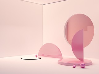 3d rendering, abstract cosmetic background. Show a product. Empty scene with cylinder mirror, spheres and podium. Pastel pink minimal wall and stair. Fashion showcase, display case, shopfront. 