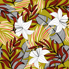Trending abstract seamless pattern with colorful tropical leaves and plants on yellow background. Vector design. Jungle print. Flowers background. Printing and textiles. Exotic tropics. Fresh design.