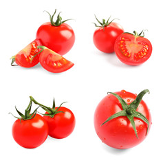 Set of fresh red cherry tomatoes on white background