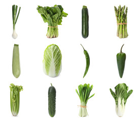 Set of different fresh vegetables on white background