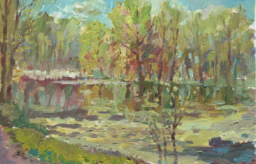 lake with reeds in summer painting