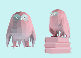 Pastel Owl. Set of Pink Owls on Pastel Blue Background. Low Poly Vector 3D Rendering