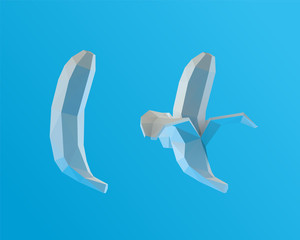 Obraz premium Plaster Bananas. Set of White Whole and Peeled Banana on Blue Background. Low Poly Vector 3D Rendering