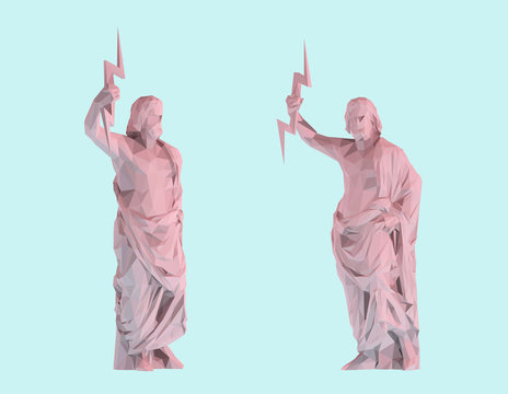 Pastel Zeus. Set of Pink Zeus on Pastel Blue Background. Low Poly Vector 3D Rendering