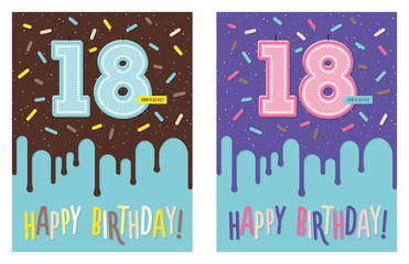 Birthday greeting card with dripping glaze on decorated cake and number 18 celebration candle
