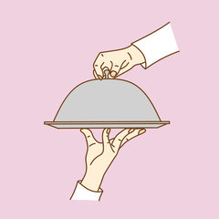 Elegant waiter hand holding an plate, vector illustration.