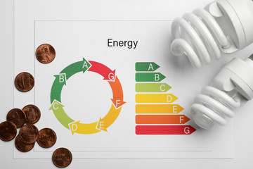 Flat lay composition with energy efficiency rating chart, coins and light bulbs on white background