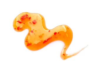 Fotobehang Chili Pepers Delicious sweet chili sauce on white background, top view  © New Africa