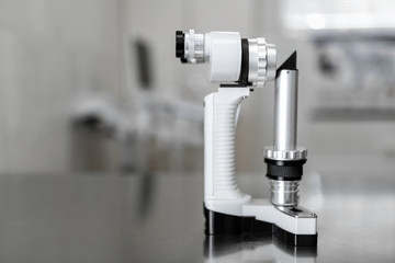 Professional equipment ophthalmologist manual slit lamp..Biomicroscopy using a slit lamp..Blurred Background