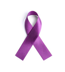 Purple awareness ribbon on white background, top view