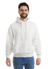 Portrait of young man in sweater isolated on white. Mock up for design