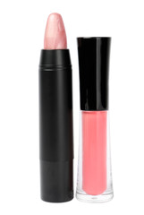 Obraz premium Colorful lipsticks in black tubes isolated on white