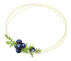 Oval frame with black forest northern berries of the crowberry, painted in watercolor. Ideal for wedding invitations, cards, logos