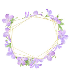 Fototapeta na wymiar Watercolor wreath of lilac geranium flowers isolated on white background. Perfect for web design, cosmetics design, package, textile