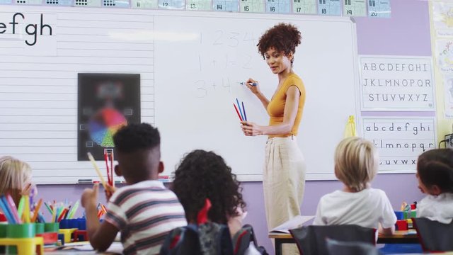 Female Teacher Standing At Whiteboard Teaching Maths Lesson To Elementary Pupils In School Classroom