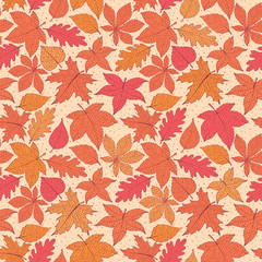 Vector autumn seamless pattern with oak, poplar, beech, maple, aspen and horse chestnut leaves of orange and red colors on the yellow dotted background. Fall ornament with detailed foliage.