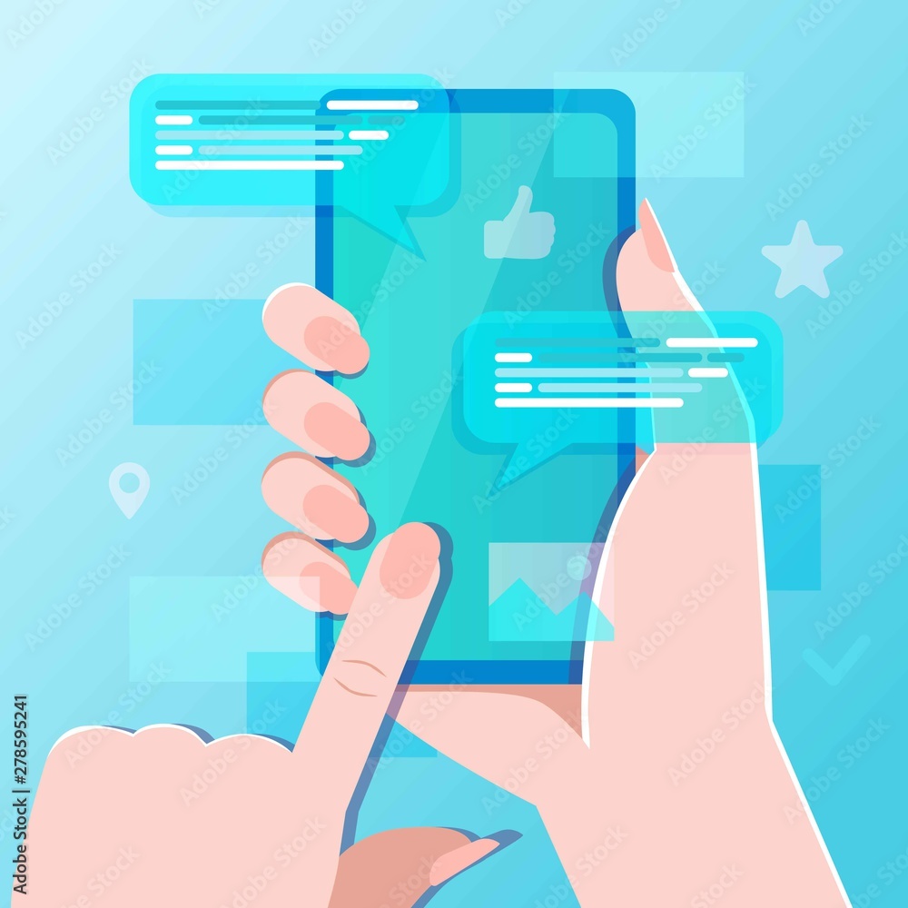 Poster hand holing smartphone with speech bubbles for text. mobile phone chat message notifications. concep