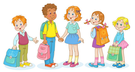 A group of schoolchildren of different ages with school bags. In cartoon style. Isolated on white background