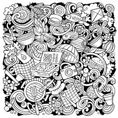 Picnic hand drawn vector doodles illustration. BBQ poster design.