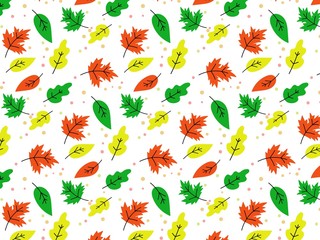 Pattern of autumn leaves on a transparent background. Contour, lines, flat, pastel and bright colors.