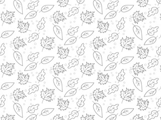 Pattern of autumn leaves on a transparent background. Contour, lines, flat, pastel and bright colors.