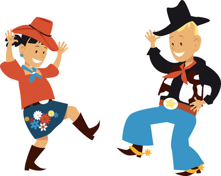 Two cute cartoon kids dancing western country style, EPS 8 vector illustration